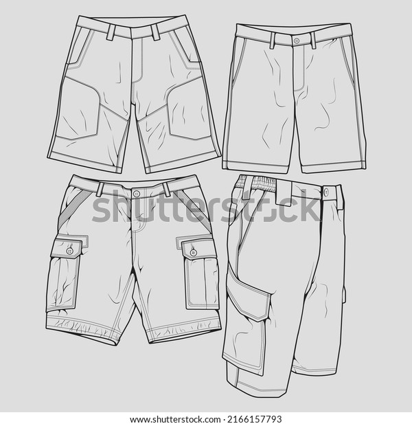 bundle set short pants outline drawing\
vector, set short pants in a sketch style, trainers template\
outline, vector\
Illustration.\
