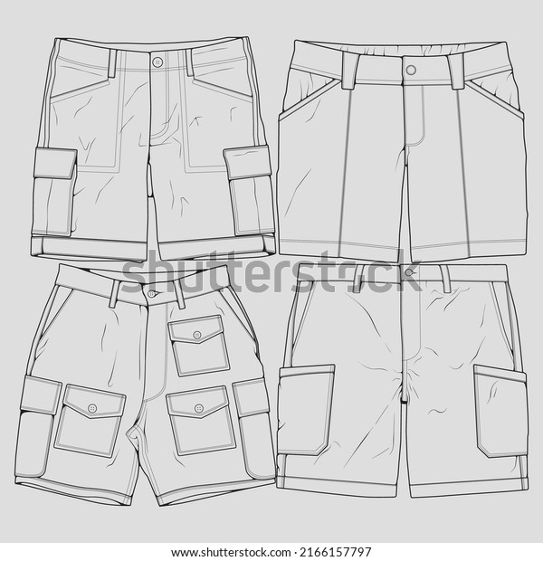 bundle set short pants outline drawing\
vector, set short pants in a sketch style, trainers template\
outline, vector\
Illustration.\
