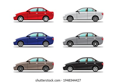 Bundle set side view of Automatic cars or passenger cars son white background, flat vector illustration