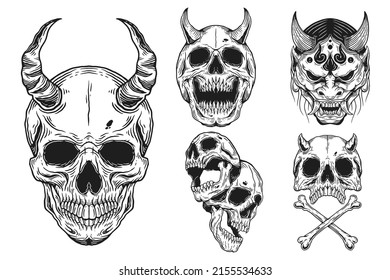 Bundle Set Skull Dark illustration Mask Devil Demon Skull Bones Head Hand drawn Hatching Outline Symbol Tattoo Merchandise T-shirt Merch vintage