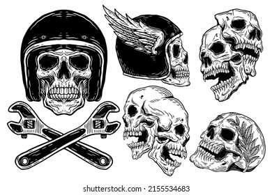 Bundle Set Skull Helmet Rider Road Fast Dark illustration Devil Demon Horror Skull Head Hand drawn Hatching Tattoo Merchandise T-shirt Merch vintage