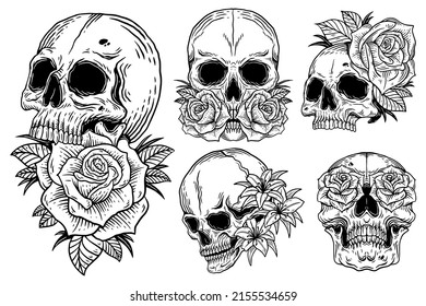 Bundle Set Skull Rose Dark illustration Devil Demon Horror Skull Bones Head Hand drawn Hatching Symbol Tattoo Merchandise T-shirt Merch vintage