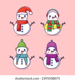 Bundle Set Snowman Vector Icon Illustration. Flat Cartoon Style Suitable for Web Landing Page, Banner, Flyer, Sticker, Card, Background