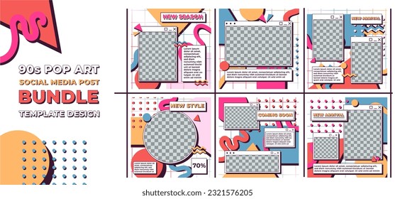 bundle set social media Instagram post template design, vector, cartoon looks website, 90s 80s vintage design, pop art memphis style, white background design.