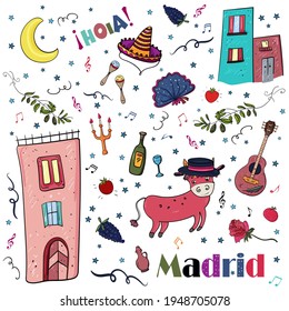 Bundle Set with Spanish themed elements: sombrero, fiesta, maracas, sombrero. Hello, Madrid! Traveling Latin America, cartoon style illustration