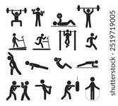 Bundle set sport pictogram, gym, fitness, workout, training, cardio stickman activity