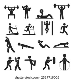 Pictograma de esporte de conjunto, ginástica, fitness, treino, treinamento, atividade de stickman de cardio