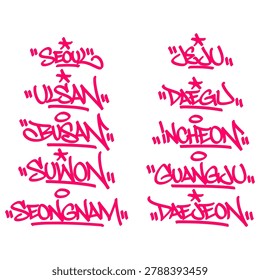 Bundle set ten city south korea graffiti tag graphic displaying korean Asia travel landmark pack text for positive vibe sticker overlay urban hip hop subculture streetwear apparel clip art.