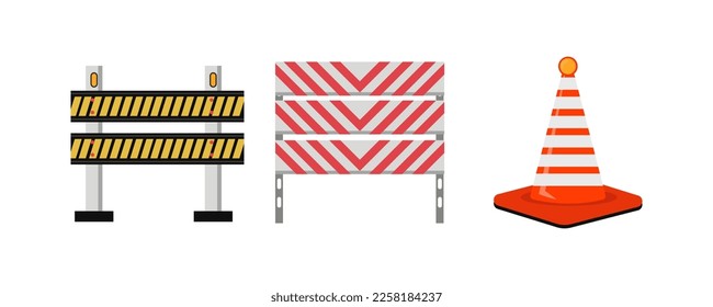 Bundle Set Traffic barriers .Vector illustration for city street repair works, danger, caution concept