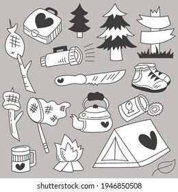 Conjunto de viajes camping en vacaciones con dibujos animados dibujos a mano, ilustración plana vectorial sobre fondo gris
