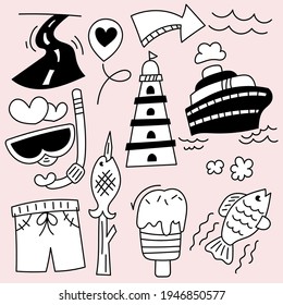 Bundle Set of travel camping on holidays cartoon hand drawing sketch, flat vector illustration on pink background