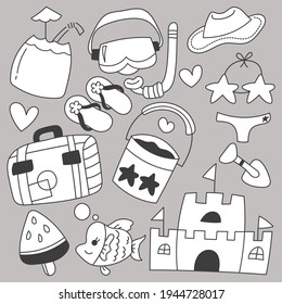 Conjunto de viajes en vacaciones de verano con dibujos animados dibujos a mano, ilustración plana vectorial sobre fondo gris