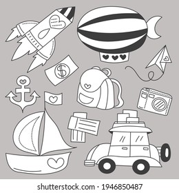 Bundle Set of travel on summer holidays with cartoon items hand drawing sketch, flat vector illustration on gray background