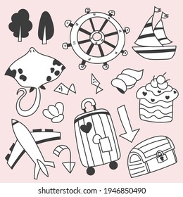 Bundle Set of travel on summer holidays cartoon  hand drawing sketch, flat vector illustration on pink background