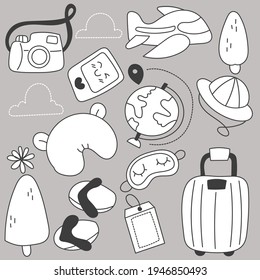 Bundle Set of travel on summer holidays with cartoon items hand drawing sketch, flat vector illustration on gray background