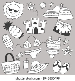 Bundle Set of travel on summer holidays with cartoon items hand drawing sketch, flat vector illustration on gray background