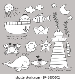 Bundle Set of travel on summer holidays with cartoon items hand drawing sketch, flat vector illustration on gray background