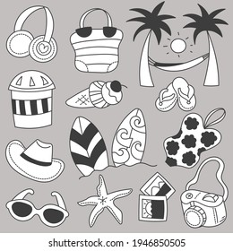 Bundle Set of travel on summer holidays with cartoon items hand drawing sketch, flat vector illustration on gray background
