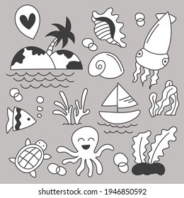 Bundle Set of travel on summer holidays on beach cartoon hand drawing sketch, flat vector illustration on gray background