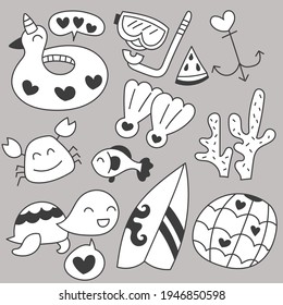 Bundle Set of travel on summer holidays on beach cartoon hand drawing sketch, flat vector illustration on gray background