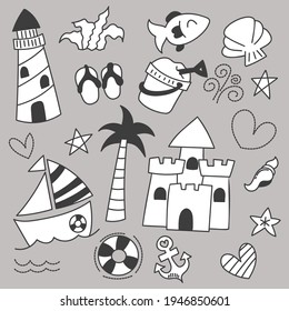 Bundle Set of travel on summer holidays on beach cartoon hand drawing sketch, flat vector illustration on pink background