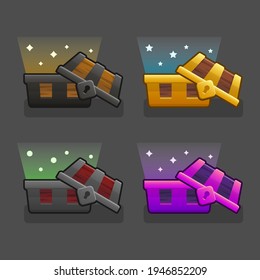 Bundle set of Treasure chest open effects colorful, design item in game, flat  vector illustration on dark background