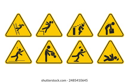 Bundle set triangle yellow safety industrial accident injury pictogram, fall, trip, wet floor, worker above