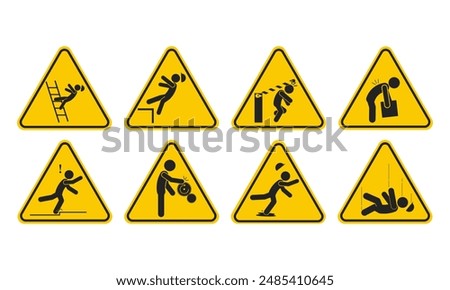 Bundle set triangle yellow safety industrial accident injury pictogram, fall, trip, wet floor, worker above