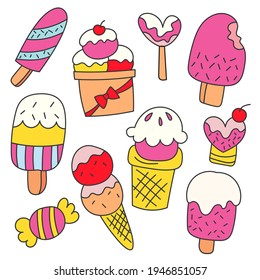 Bundle set of variety ice cream collection with Hand drawn cartoon style flat vector illustration 