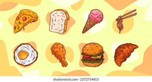 una gran variedad de alimentos, como pizzas, pan, helados, fideos, huevos fritos, pollo frito, hamburguesa y cruasán a mano. ilustración vectorial.