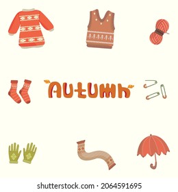 Bundle set of various pastel colored knitwear and autumn supplies, perfect for illustration and animation