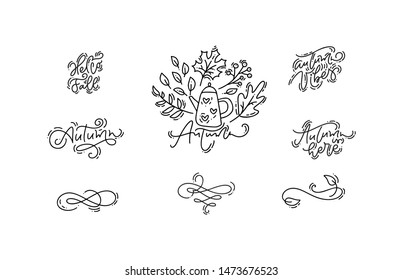 Bundle set of vector monoline autumn calligraphy phrases and elements. Hand drawn isolated leaves dividers. Perfect for seasonal holidays, Thanksgiving Day, greeting card