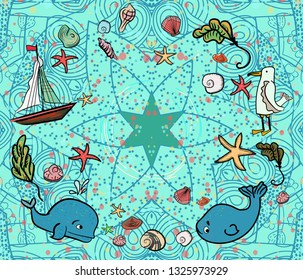 Bundle Set with whales, starfish, fish, seaweed, ship, albatross, seashells. Cartoon illustration on a background of curls and star