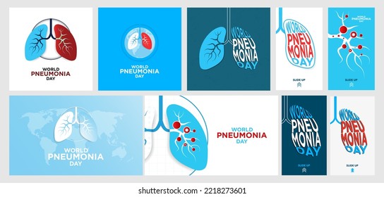 Bundle Set of World Pneumonia Day Greeting Cards, Banners, and Vertical Poster for social media stories with swipe up CTA. World Pneumonia Day Typography on lung shape. Vector Illustration. EPS 10.