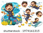 Bundle set of Young man in suit scuba diver with mask dives under the sea, Vector cartoon illustration of underwater landscape with ruins, stones, fishes and riding whale in diving suit with aqualung