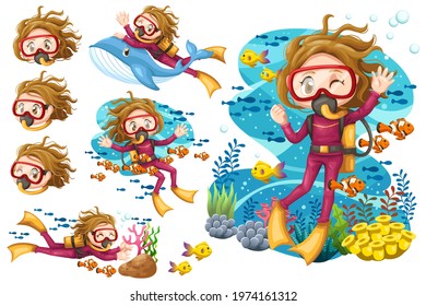 Bundle set of Young woman in suit scuba diver with mask dives under the sea, Vector cartoon illustration of underwater landscape with ruin, stones, fishes and riding whale in diving suit with aqualung