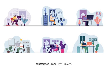 Bundle set of young worker use computer desktop or laptop compter for working in office or work at home in cartoon character, flat vector illustration