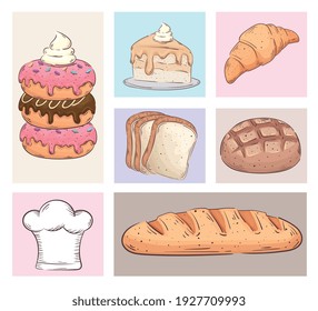 bundle of seven bakery shop set icons vector illustration design