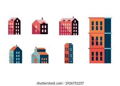 bundle of seven buildings minimal city set icons vector illustration design