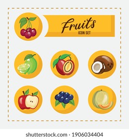 bundle of seven fresh fruits set icons and lettering vector illustration design