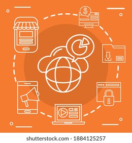Bündel von sieben digitalen Set-Symbolen für die Vermarktung rund um das Vektorgrafik-Design