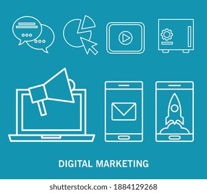 bundle of seven marketing digital set icons and lettering vector illustration design