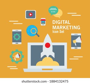 bundle of seven marketing digital set icons and lettering vector illustration design