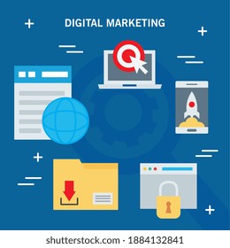conjunto de siete iconos de conjunto digital de marketing alrededor del megáfono en el diseño de la ilustración vectorial de engranajes