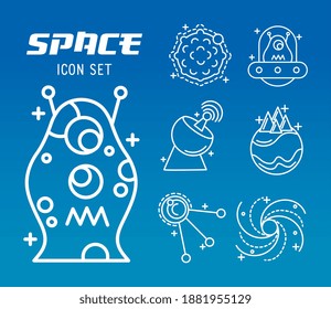 bundle of seven space set line style icons and lettering vector illustration design