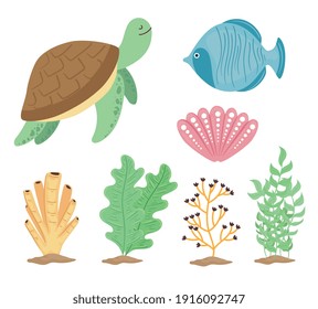 conjunto de siete iconos de conjunto de mundo subacuático diseño de ilustración vectorial