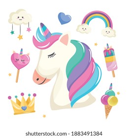 bundle of seven unicorn set icons vector illustration design