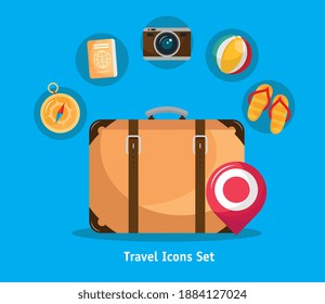 bundle of seven vacations travel set icons and lettering vector illustration design