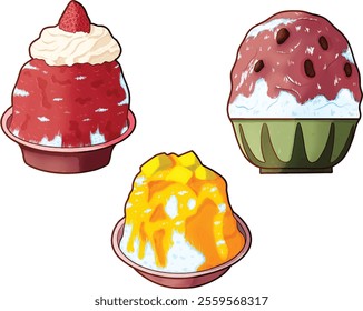 Bundle of shaved ice in various flavour. Collection of kakigori japanes shaved ice, bingsu korean shaved ice hand drawn style