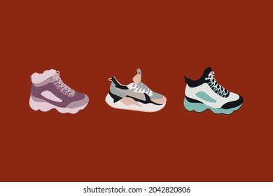 Bundle of shoes sneakers. Fashionable sports shoes in different colors. Stylish shoes, sneakers, sneakers for tourism. Vector illustration for poster design. Vector illustration